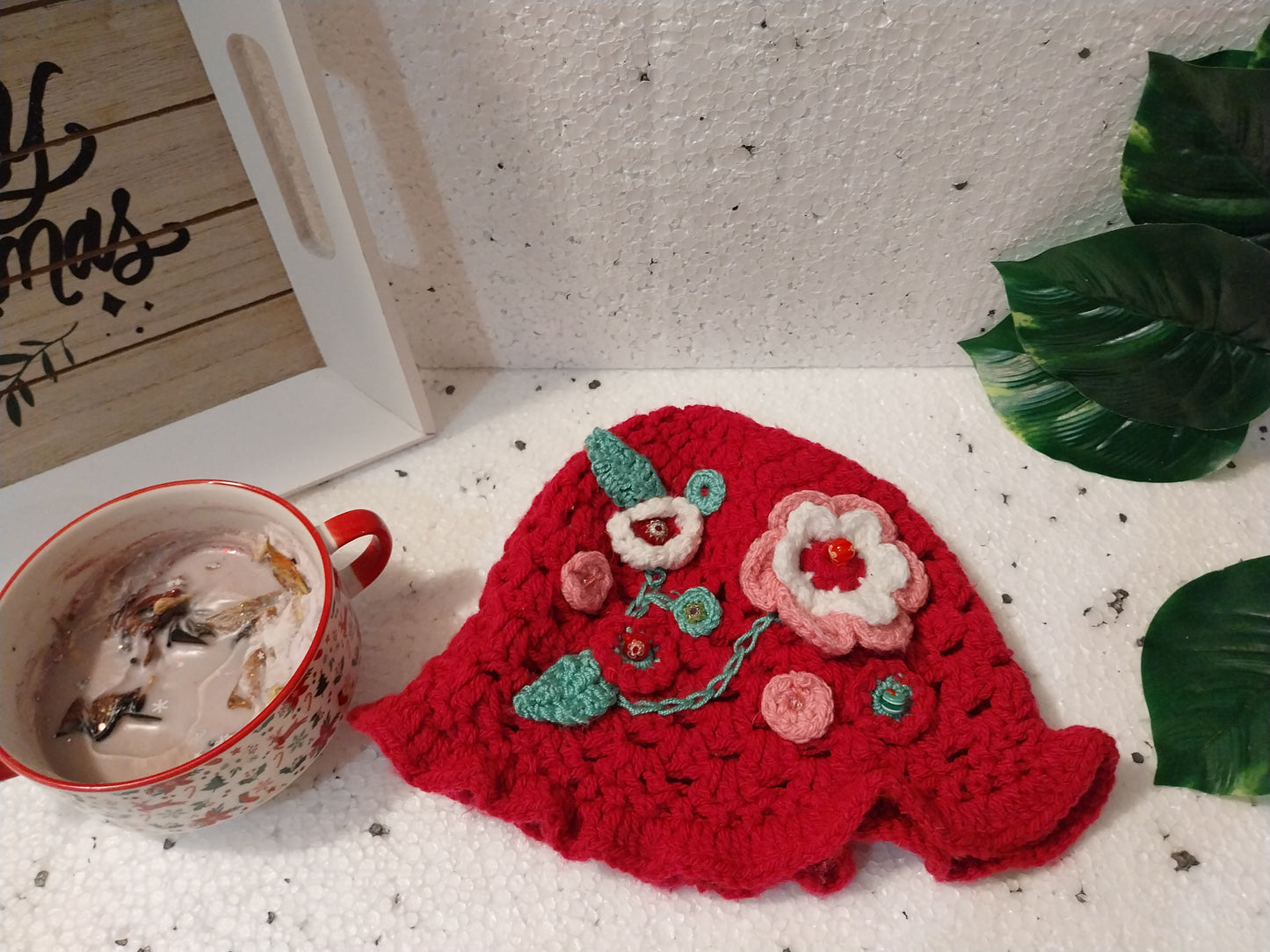 Bonnet "fleur de rubis" - Fait main