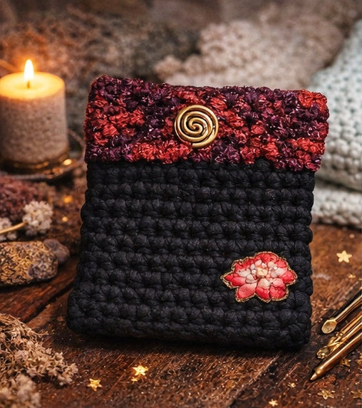 Housse de livre et liseuse fantasy "éclat d'encre et de braise" - crochet fait main